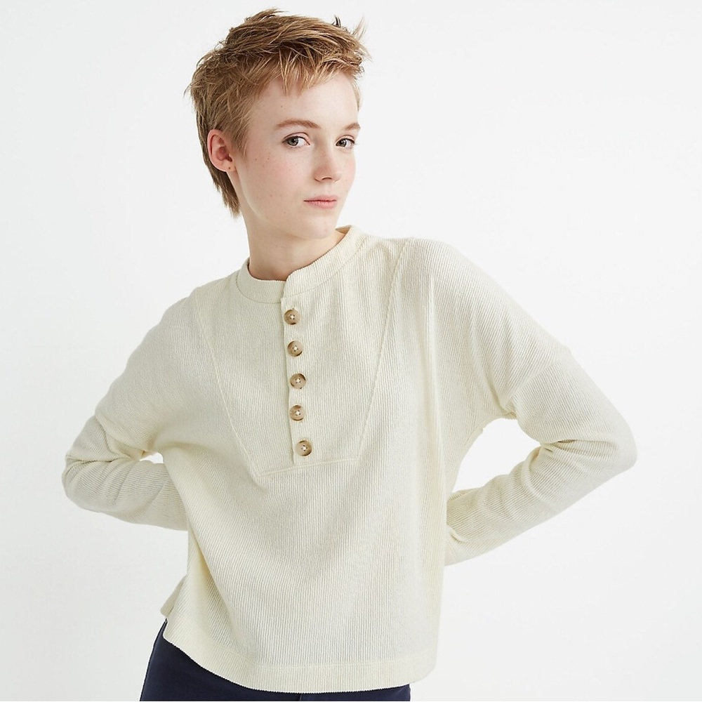 Madewell Texture & Thread Seamed Henley Top Cream Ribbed Long Sleeve Shirt